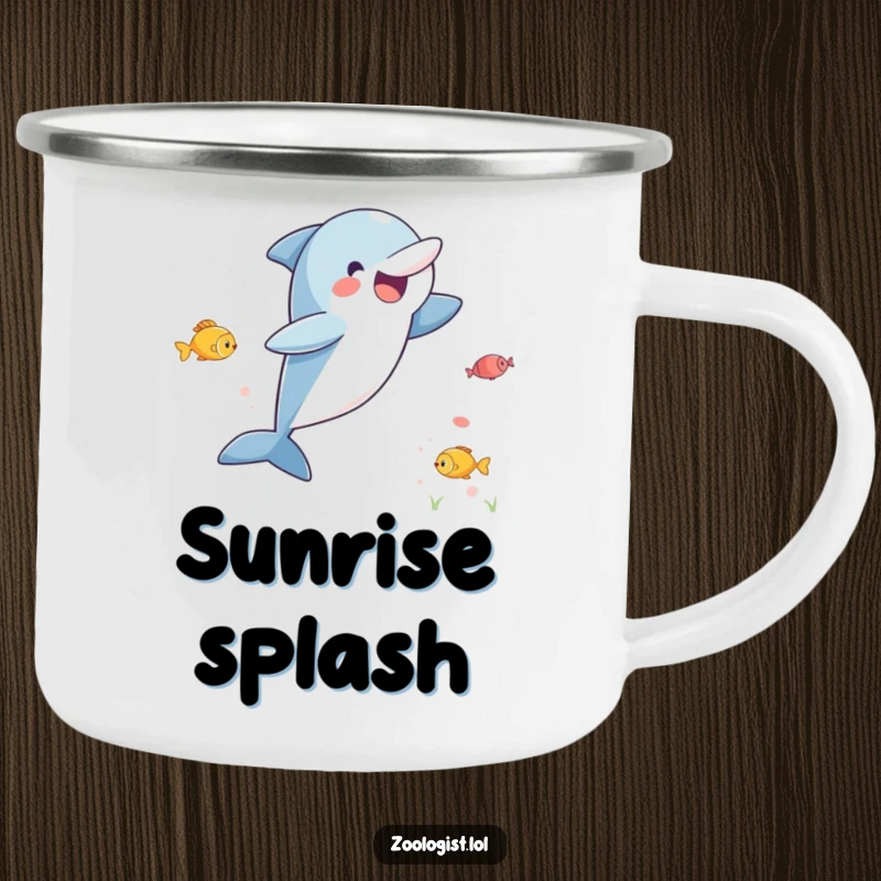 Funny enamel camping mug showing an ecstatic dolphin mid-leap, excitedly watching fish, built for outdoor adventures.