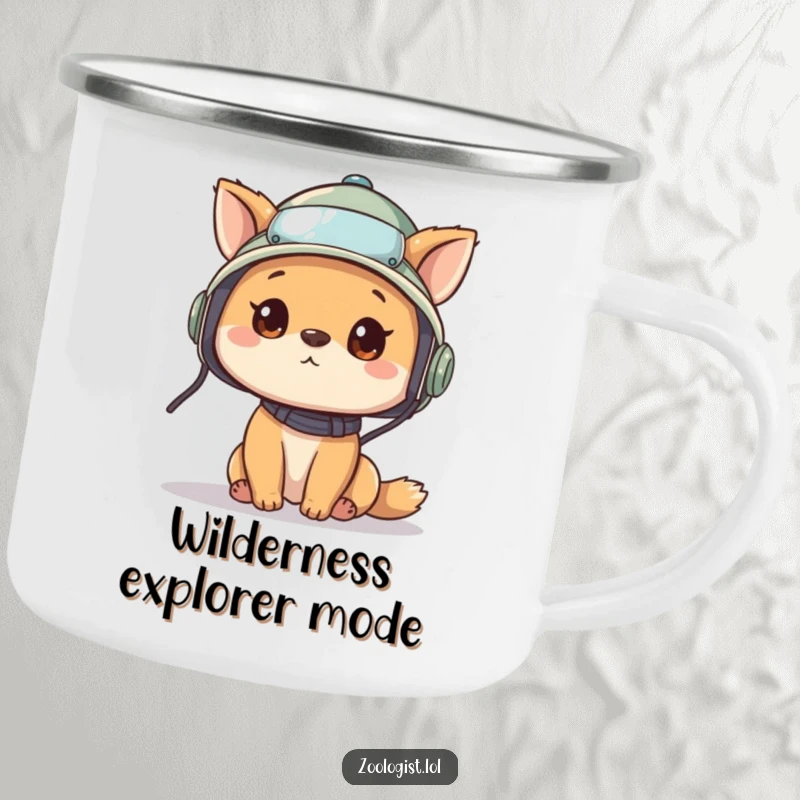 Funny camping mug showing a cute animal character in a pith helmet, looking around curiously, designed for adventurers who love to explore.