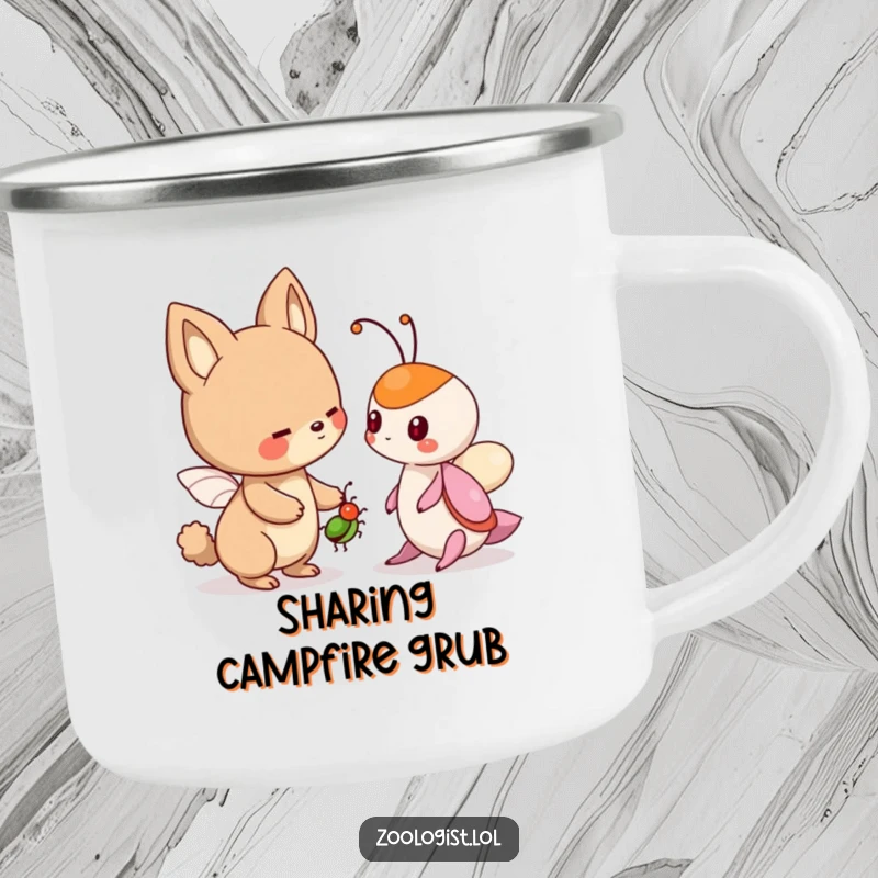 Funny camping mug of a cute animal character offering a friendly bug to another creature, perfect for humorous outdoor sharing.