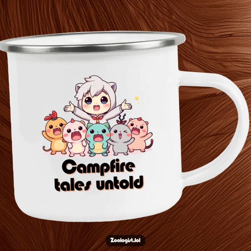 Funny camping mug showing a character gesturing to imaginary creatures, perfect for outdoor storytelling and warm drinks.