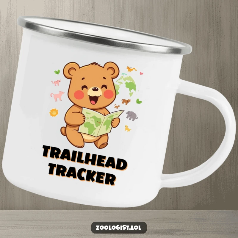 Funny camping mug with a joyful bear character studying a map, perfect for outdoor humor and utility.