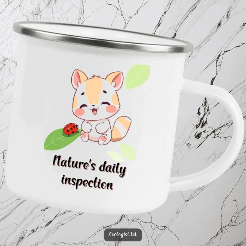 Funny camping mug showcasing a cute animal peering intently at a ladybug on a leaf, designed for outdoor lovers who appreciate nature's humor.