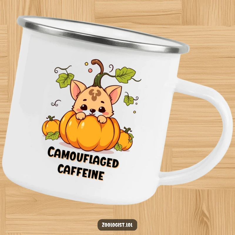 Funny camping mug featuring a mischievous animal hiding behind a potted plant, perfect for outdoor fun and humorous storytelling.