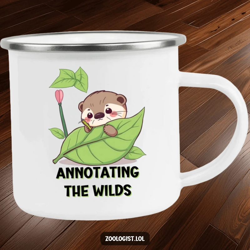 Funny camping mug featuring a curious otter meticulously annotating a giant leaf, ready for outdoor contemplation.