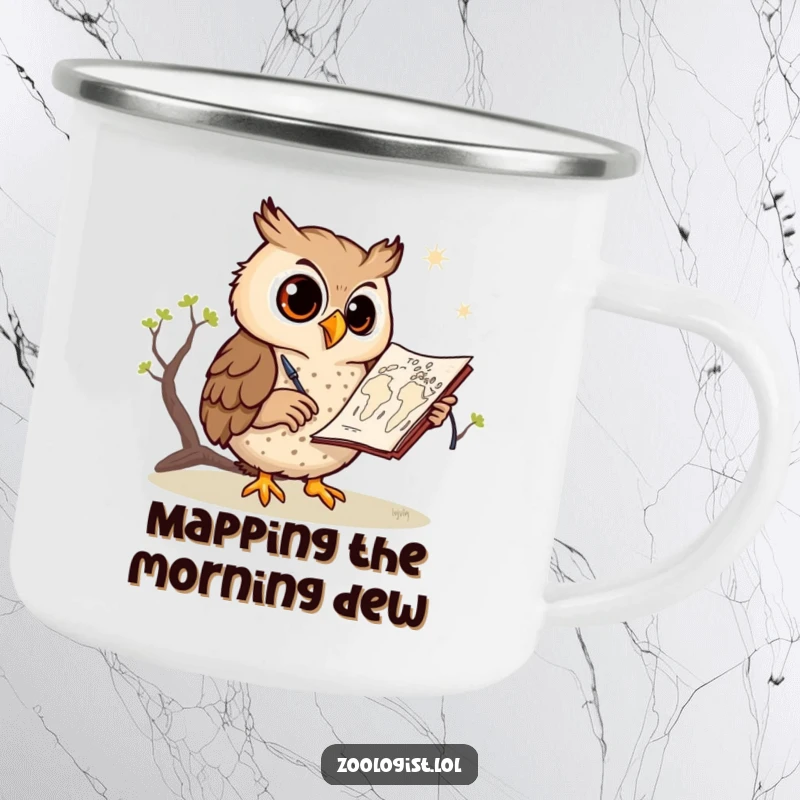 Funny owl camping mug, a happy owl sketching a savanna map, durable and portable, ideal for outdoor adventures and art lovers.