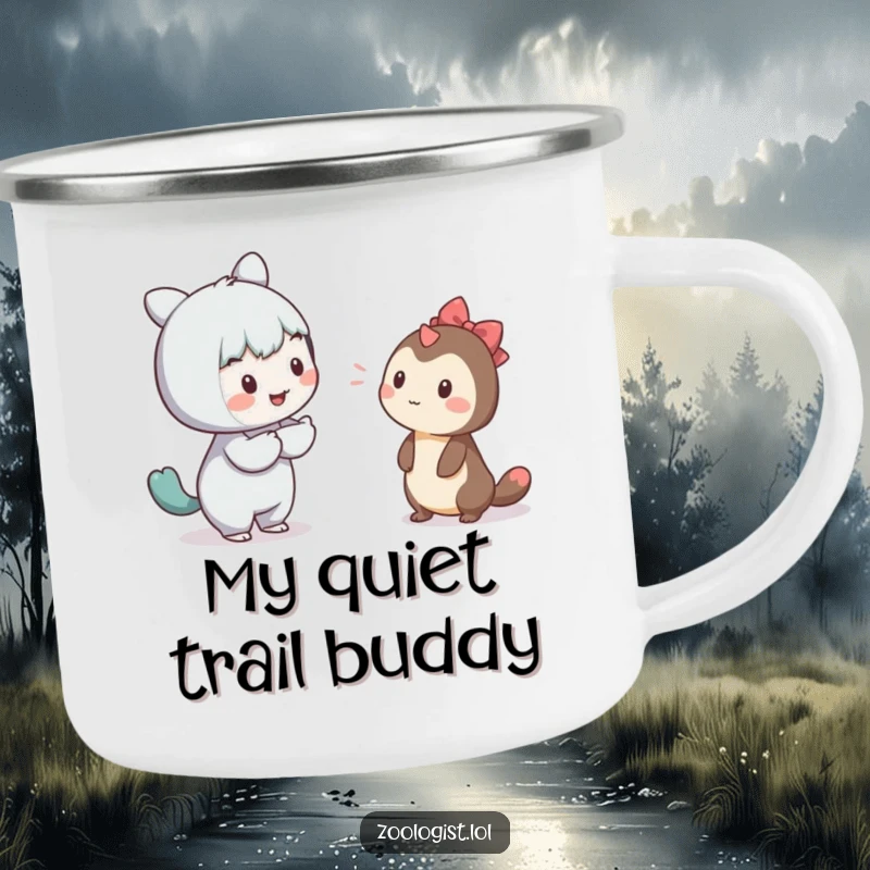 Funny camping mug showing a character gently attempting to communicate with a shy creature, perfect for outdoor adventures.