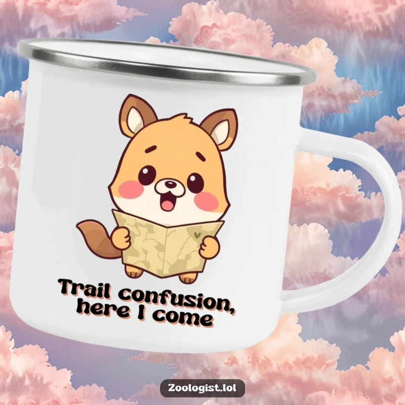 Funny camping mug with a cute animal character showing surprise while looking at a map, perfect for outdoor enthusiasts who enjoy humor.