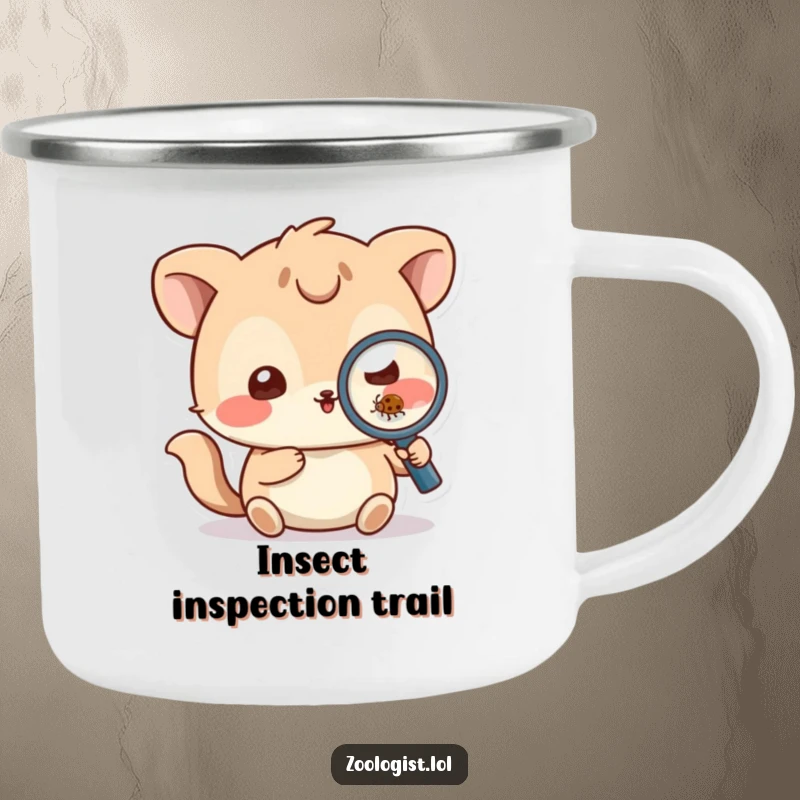Funny Camping Mug: Playful animal character using a magnifying glass to examine a small bug, perfect for nature lovers.