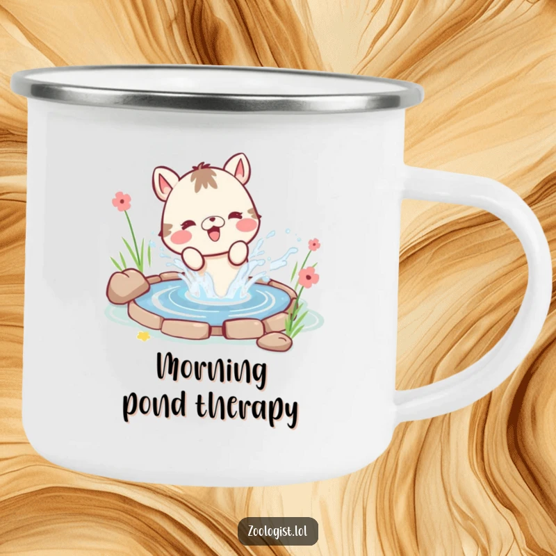 Funny durable camping mug showing a cute animal character joyfully splashing water from a small pond, perfect for outdoor refreshment.