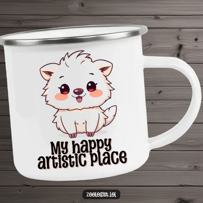 Funny camping mug with a cute animal artist enthusiastically sketching a bizarre, delightful creature, perfect for outdoor creativity.
