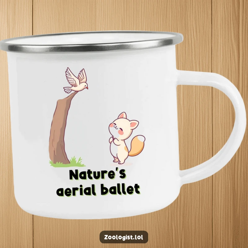 Funny camping mug with a cute animal character joyfully observing a bird in flight, perfect for outdoor lovers who enjoy peaceful moments.