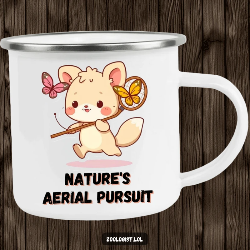 Funny camping mug showing a cute animal character playfully chasing a butterfly with a net, designed for adventurers who love fun and action.
