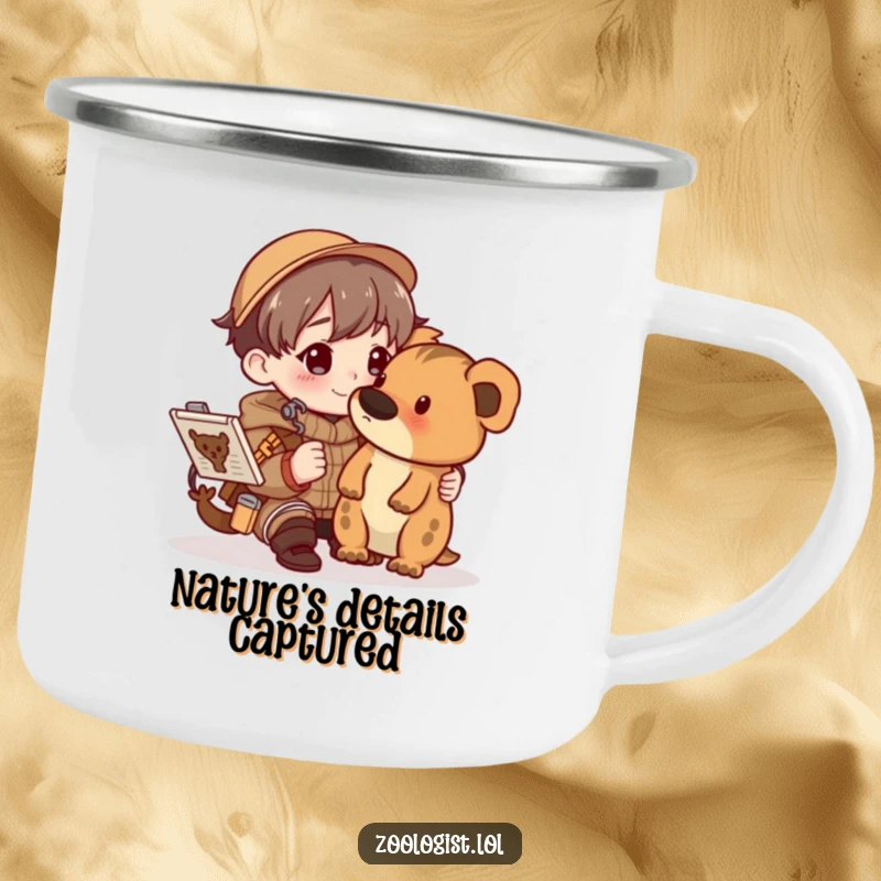 Funny character happily sketching an animal in a detailed field guide, printed on a durable camping mug for outdoor use.