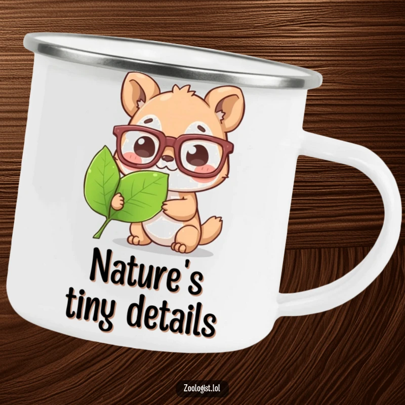 Funny Camping Mug: Cute animal character in oversized glasses, intently studying a leaf, perfect for campfire stories.