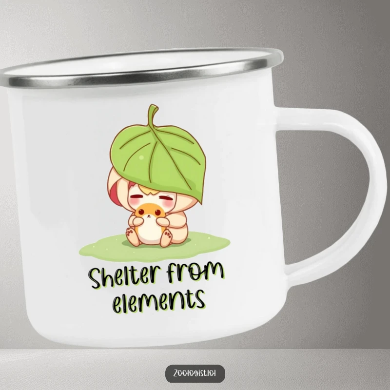 Funny character sheltering a small animal under a leaf, printed on a durable camping mug for outdoor enthusiasts.