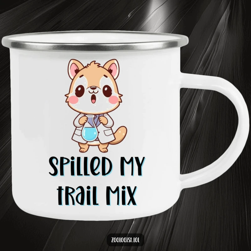 Funny camping mug of a surprised animal character in a lab coat dropping a beaker, perfect for humorous outdoor enjoyment.