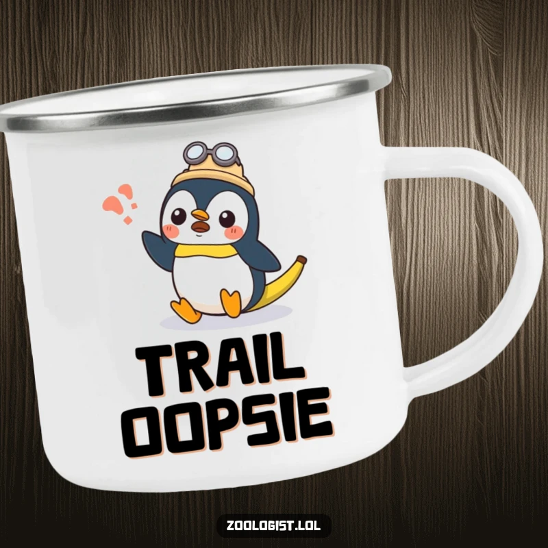 Funny surprised Kawaii penguin zoologist character slipping on a banana peel on a sturdy camping mug, funny gift.