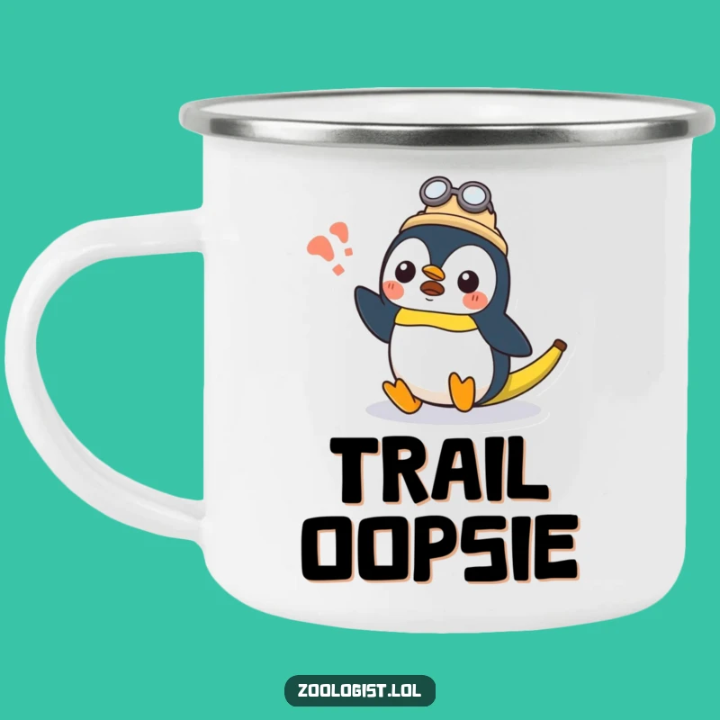 Funny Kawaii Penguin Zoologist Camping Mug: Surprised Banana Slip, Outdoor Gift