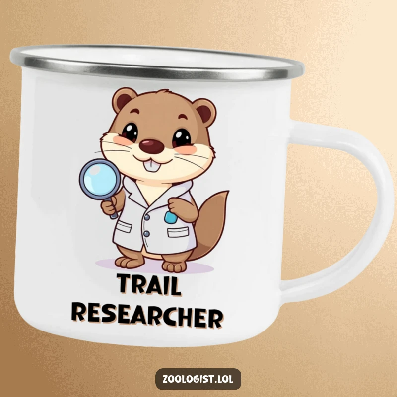 Funny camping mug with a happy otter character in a lab coat holding a magnifying glass, perfect for outdoor humor.