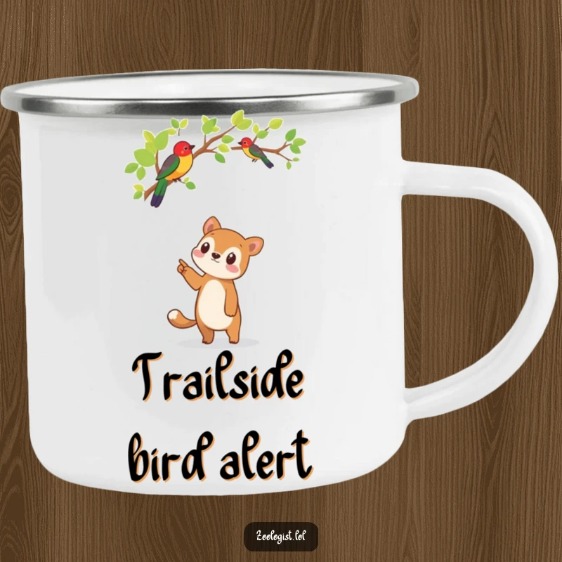 Funny durable camping mug showing a cute animal character pointing excitedly upwards at a colorful bird in a tree, perfect for nature trips.