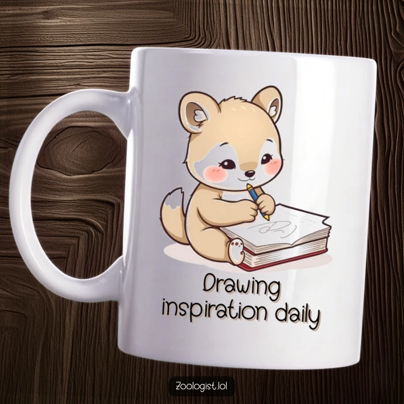 Funny mug showing a cute animal character concentrating intensely while sketching another animal in a notebook, highlighting artistic focus.