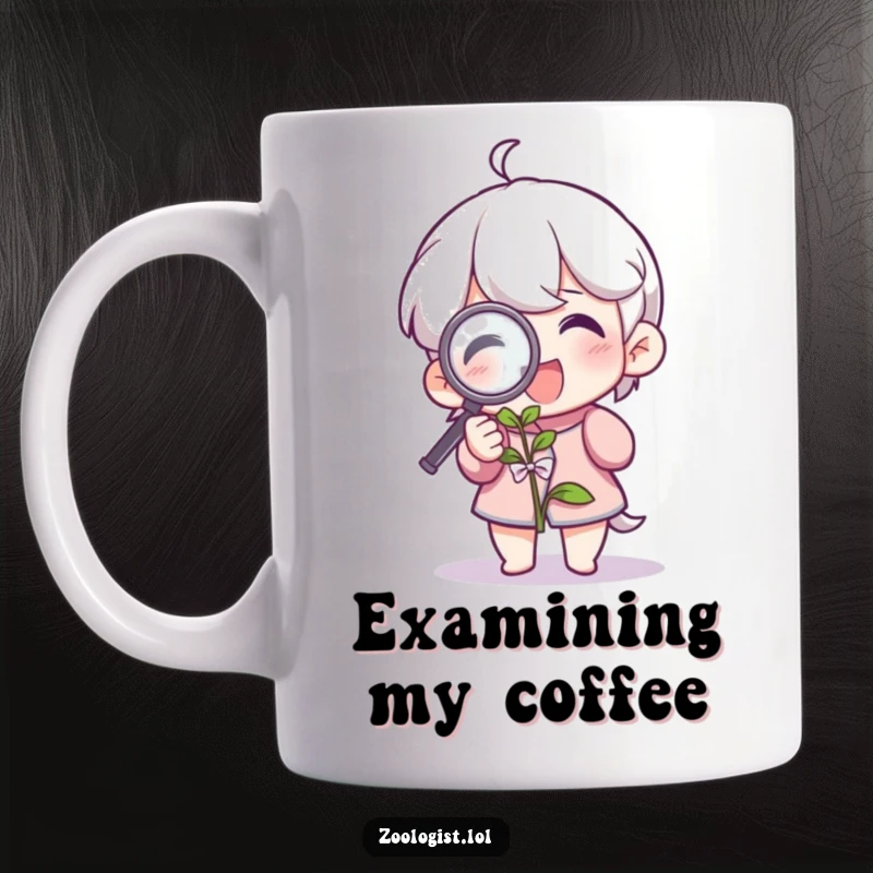 Funny mug showing a happy character examining a plant with a magnifying glass, perfect for botanists and plant lovers. A humorous gift.