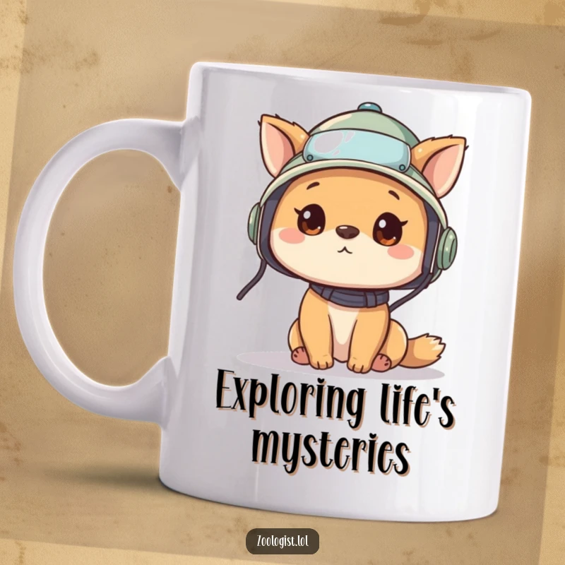 Funny mug with a cute animal character wearing a pith helmet, looking around with wide-eyed curiosity, embodying the spirit of exploration.