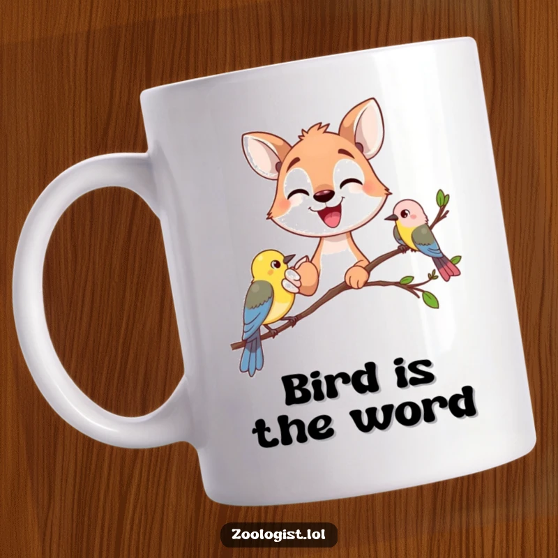 Funny happy animal gazer excitedly pointing at a small bird on a branch, nature spotting design, perfect funny gift.