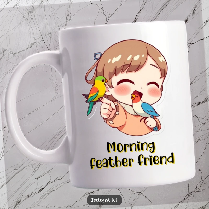 Funny mug featuring a character enthusiastically pointing at a brightly colored bird resting on their outstretched finger, expressing delight.