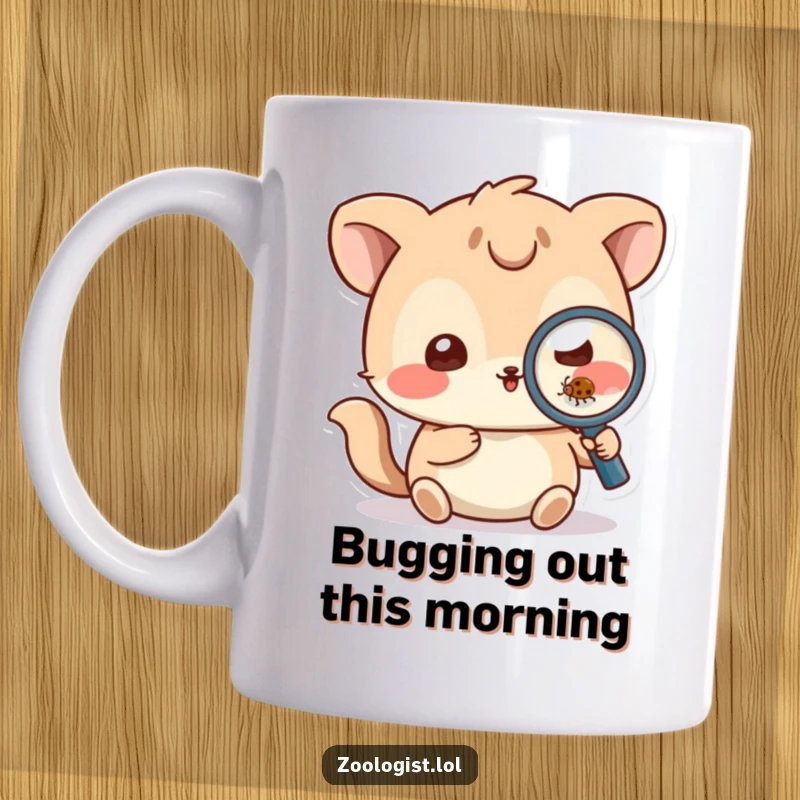 Funny Mug: A playful animal character intently inspects a small bug with a magnifying glass, showcasing keen observation.