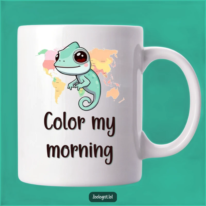 Funny Chameleon World Map Mug: Blend In with Global Humor and Color