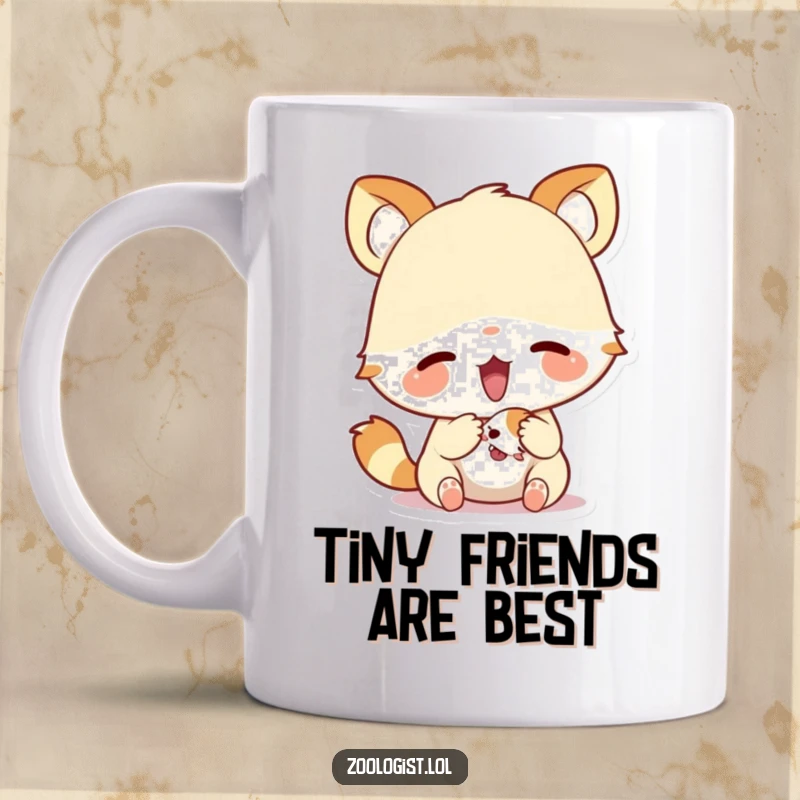 Funny mug with a cute animal character showing excitement while closely examining a tiny creature, radiating joy and curiosity.