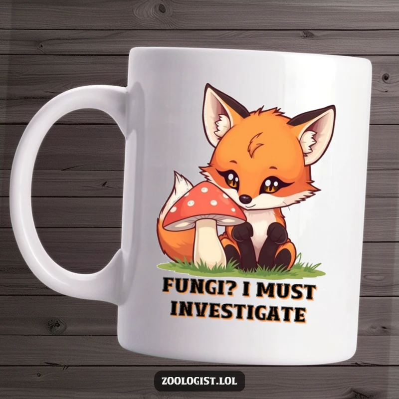 Funny fox mug featuring a curious creature examining a vibrant mushroom with wide, bright eyes, perfect for nature lovers and gift-givers.