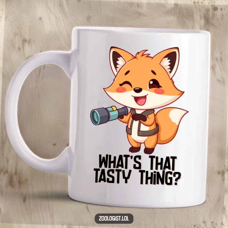Funny fox mug, a smiling fox holding binoculars and pointing with excitement, ready for discovery, perfect for outdoor adventurers.