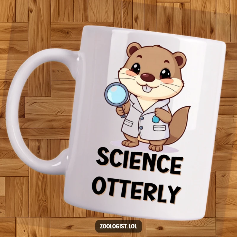 Funny mug featuring a happy otter wearing a lab coat and holding a magnifying glass, a great science gift.