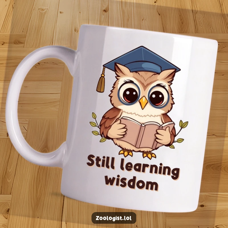 Funny Kawaii Owl Zoologist Mug: A wise owl in a graduation cap reads a book, perfect for funny academic celebrations.
