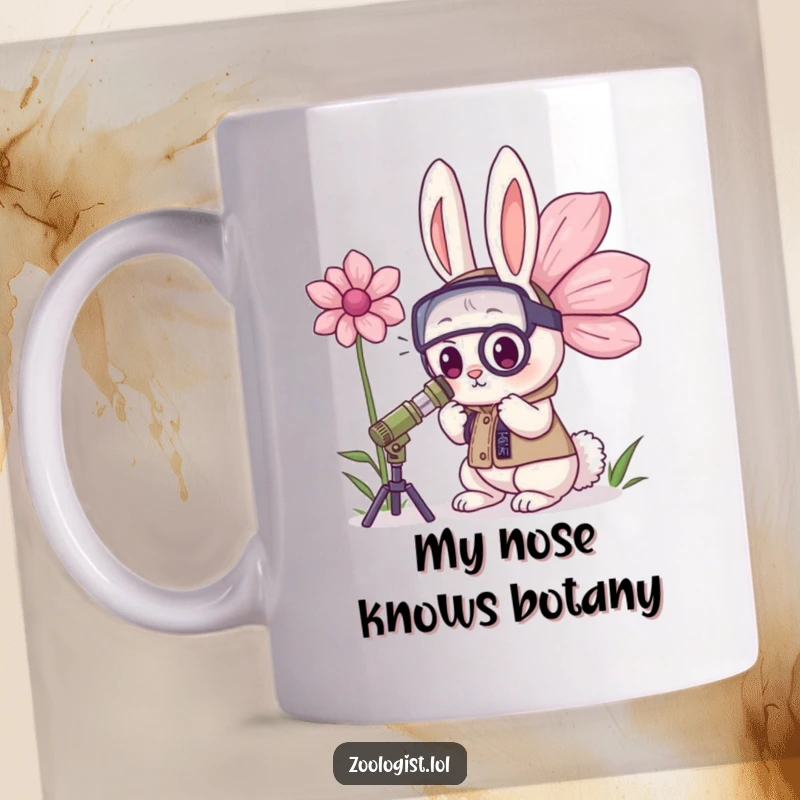 Funny Kawaii Rabbit Zoologist Mug: A determined bunny intently examines a colossal flower, showcasing a passion for botany and a quirky sense of humor.