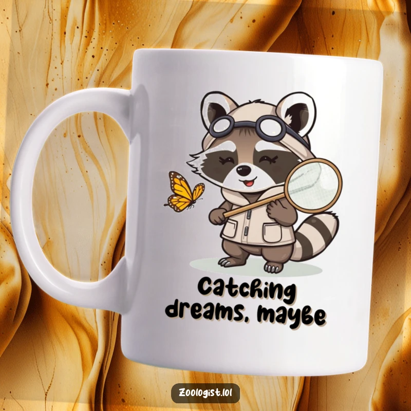 Funny Kawaii raccoon zoologist character playfully chasing a butterfly with a net, a humorous gift for nature enthusiasts.