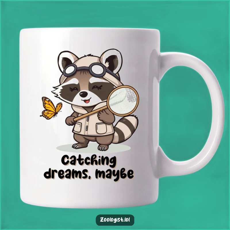Funny Kawaii Raccoon Zoologist Mug: Butterfly Netting Adventure Gift
