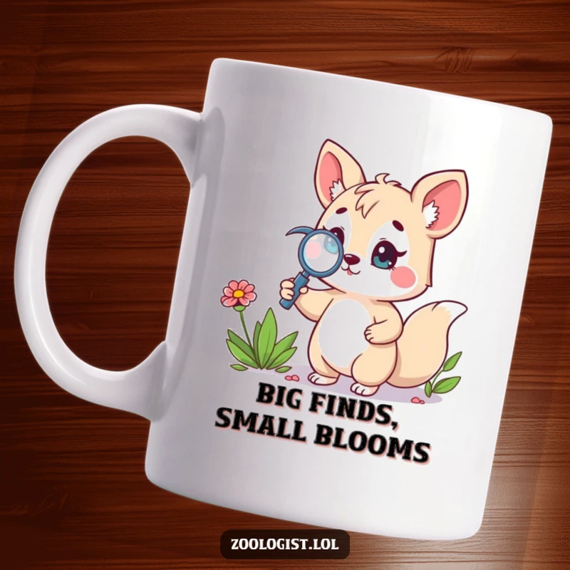 Funny mug displaying a cute animal character holding a magnifying glass, intently focused on a delicate wildflower, showcasing pride and curiosity.