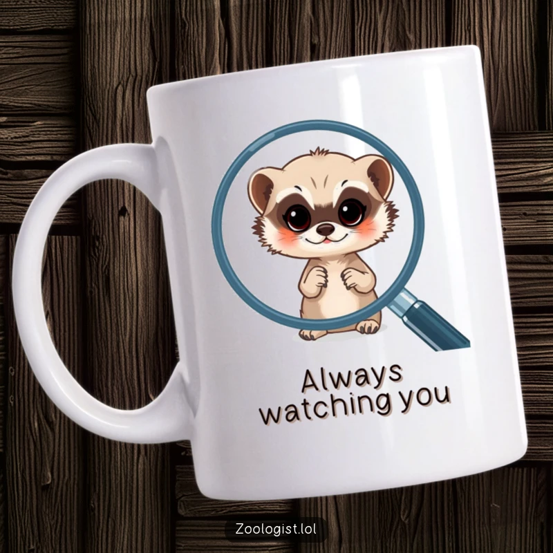 Funny meerkat mug showing a curious meerkat peeking through a large magnifying glass, hunting for fun.