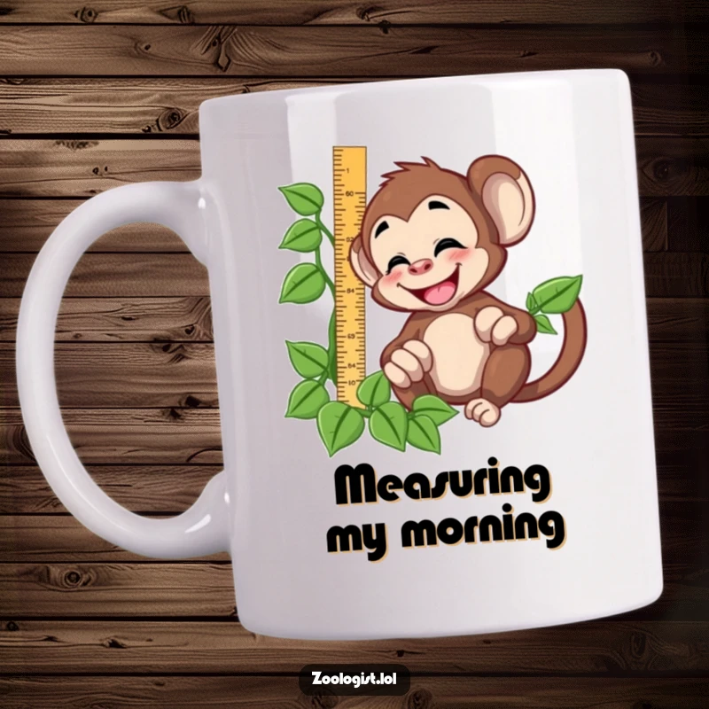 Funny giggling monkey character attempting to measure a vine with a ruler on a mug, symbolizing playful measurement humor.