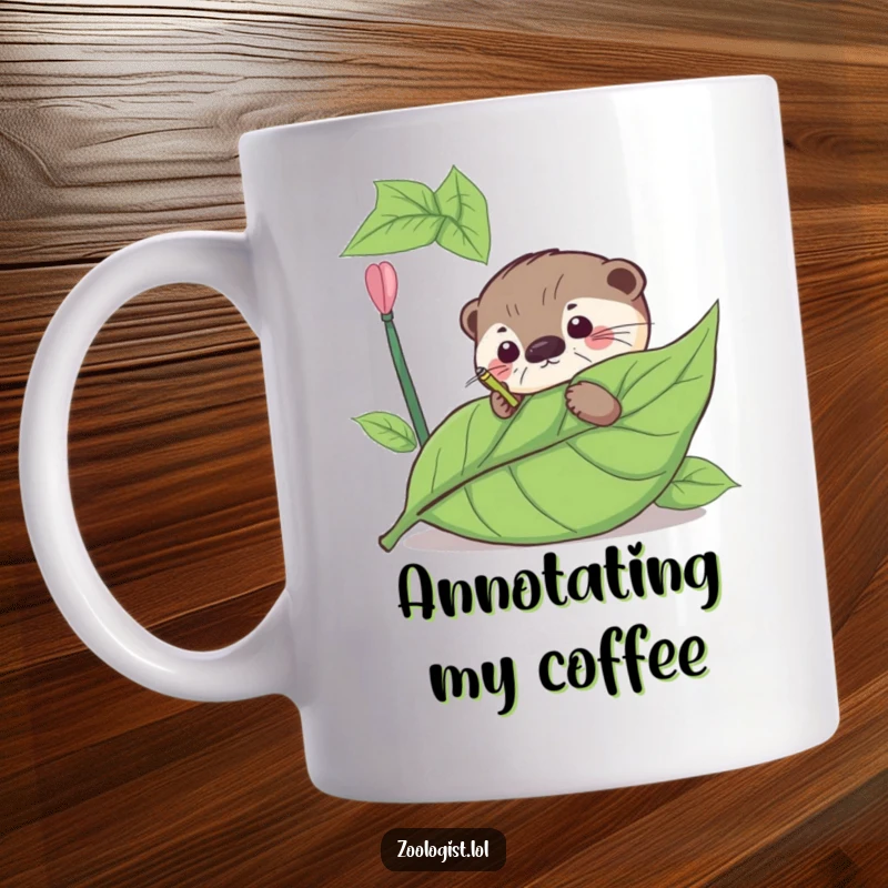 Funny mug showing a curious otter meticulously annotating a giant leaf with a tiny pen, deep in thought.