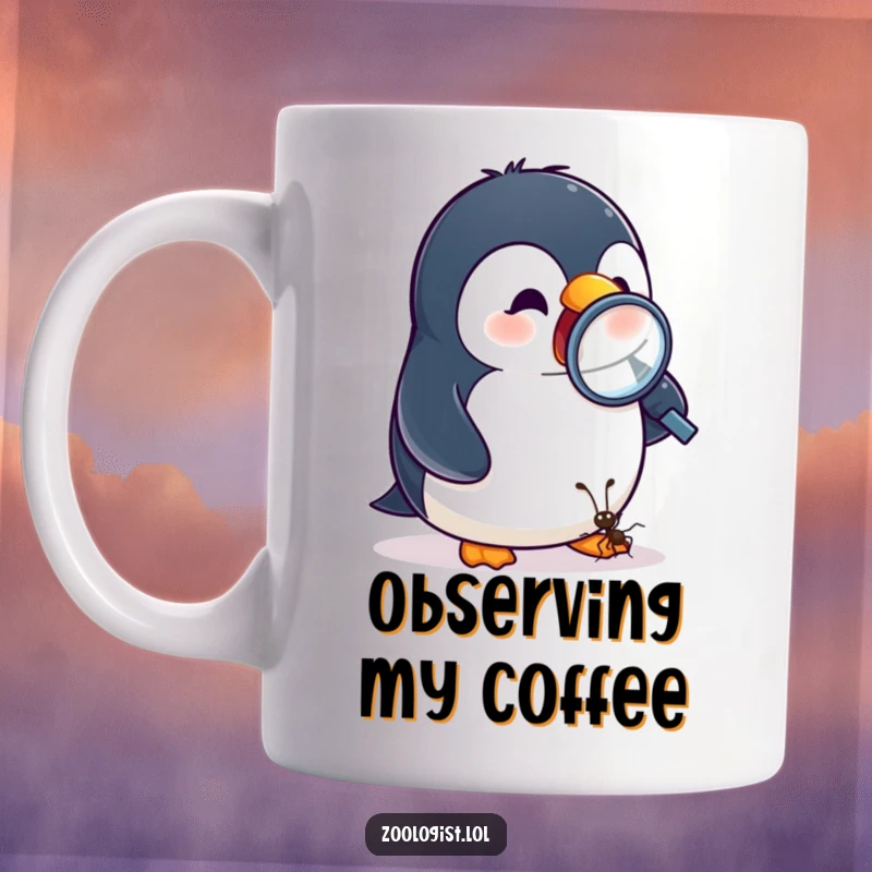 Funny mug showing an excited penguin peering through a magnifying glass at a tiny ant, full of fascination.