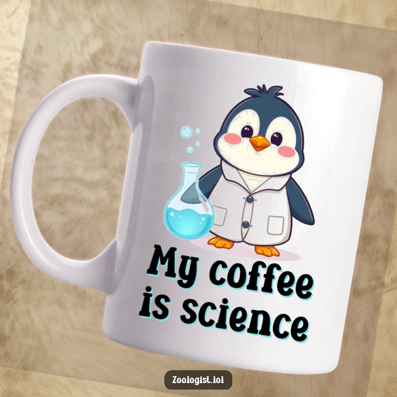 Funny happy penguin in a lab coat looking surprised by a bubbling beaker on a mug, capturing scientific surprise humorously.