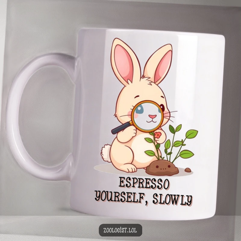 Funny Mug: Cute rabbit intently examining a plant with a magnifying glass, showcasing curiosity and a love for botany.