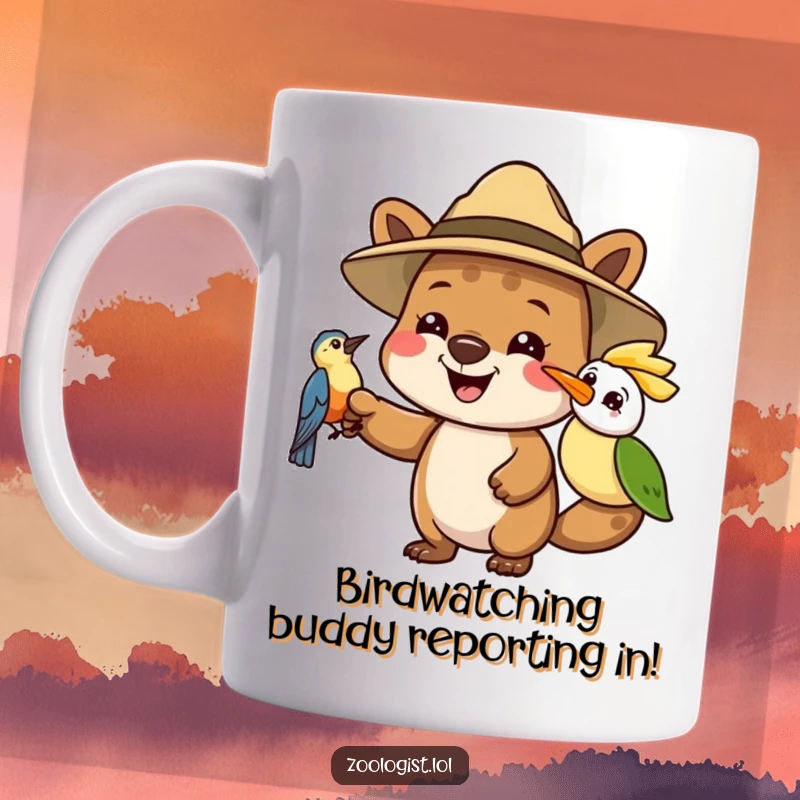 Funny mug with a joyful animal character in a safari hat gesturing enthusiastically towards an intrigued bird, celebrating discovery.