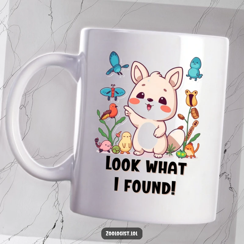 Funny mug with a cute animal character excitedly pointing at a diverse and interesting collection of assorted specimens.