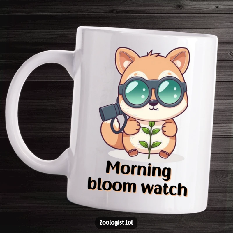 Funny cute animal zoologist with oversized binoculars peering intently at a tiny plant, nature discovery, perfect funny gift.