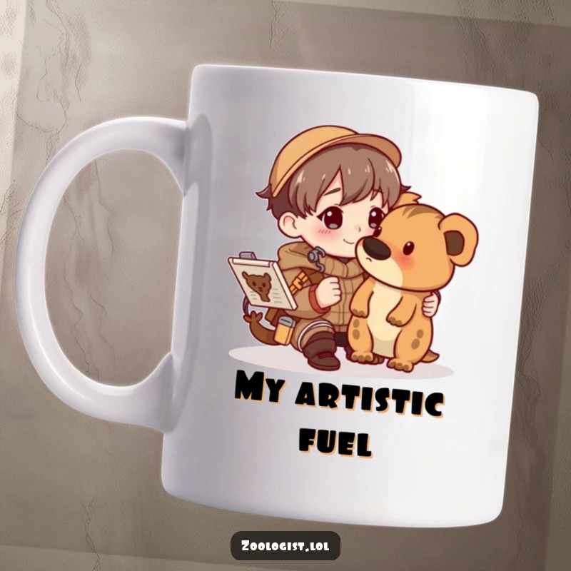 Funny character happily sketching an animal in a detailed field guide, depicted on a mug for art enthusiasts.